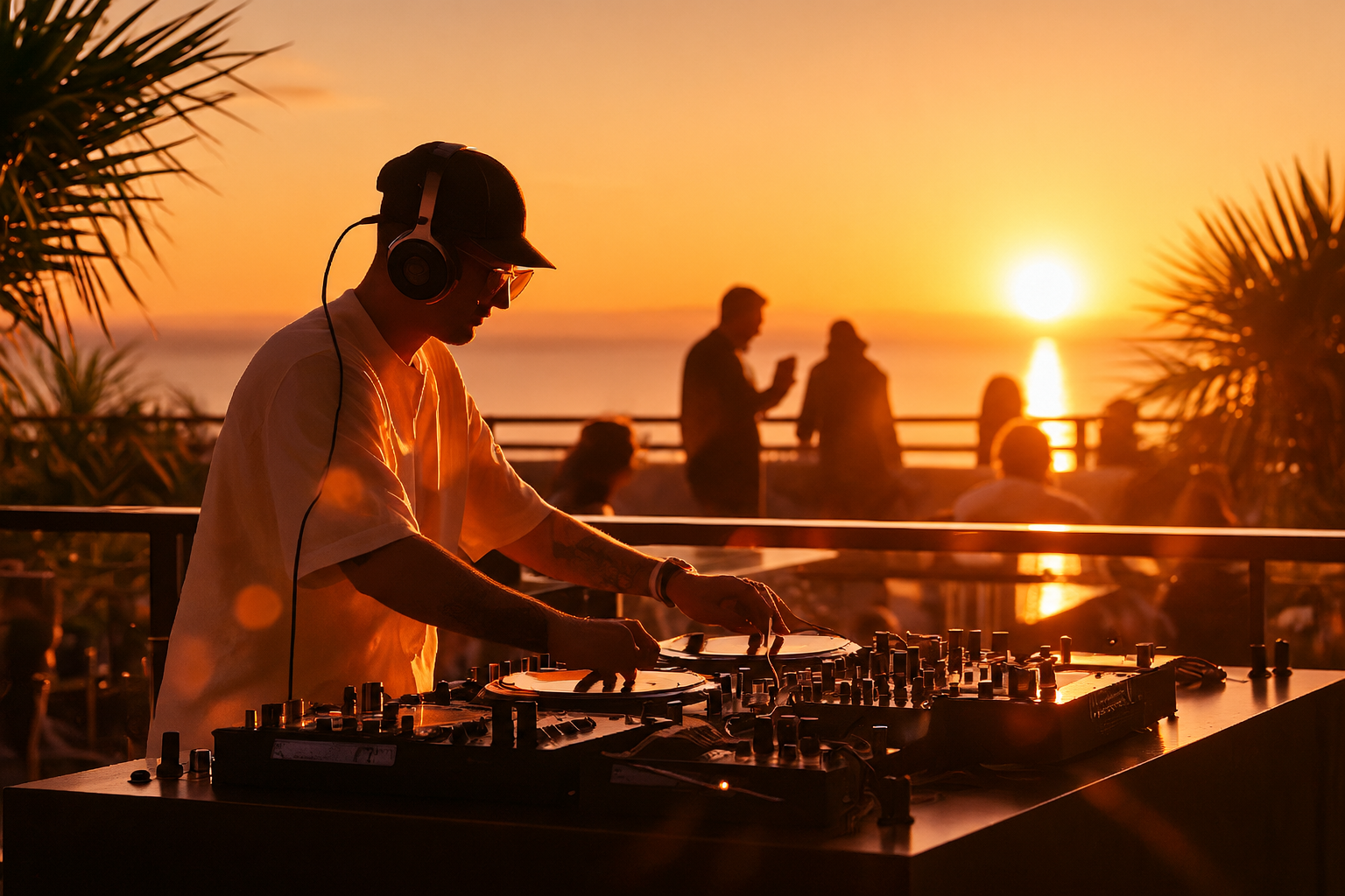 DJ am goldenen Rooftop-Sonnenuntergang